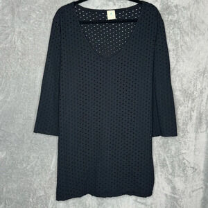 Caribbean Joe XL Shirt Top Black Solid 3/4 Sleeve V Neck Eyelet 100% Cotton